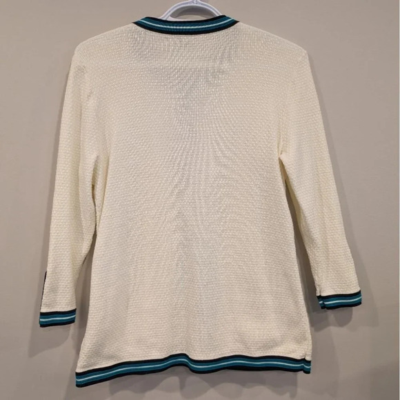 Talbots Beige Green Stripe Textured Tipped Cardigan Woman Small Pearl Button - Picture 6 of 9